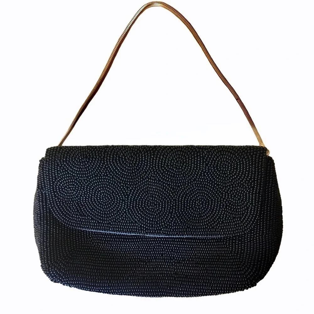 RARE 1940s Harry Rosenfeld Vintage Black Beaded Triple Entry Evening Bag Purse